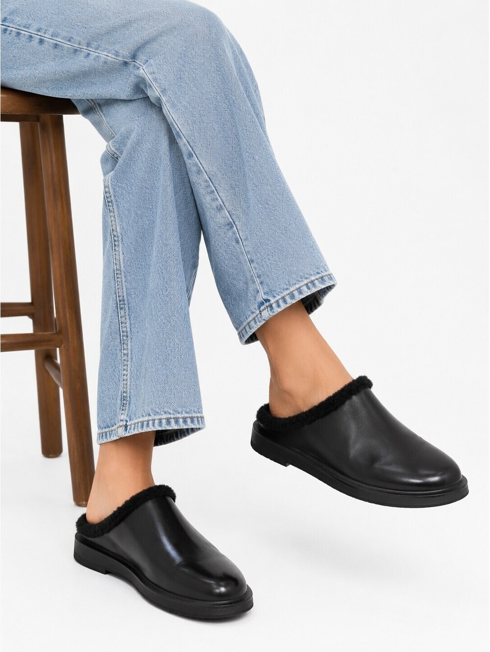 Black Leather Slip-On Fur-Lined Mules by Tamara Mellon, Size 41